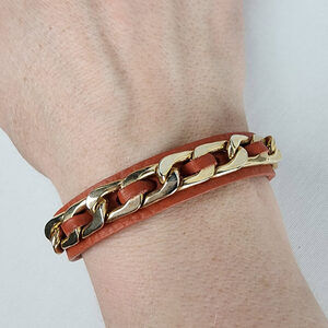 Guang Tong Gold Chain Brown Leather Snap Bracelet